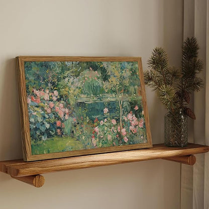Framed Vintage Floral Landscape Canvas Wall Art, Rose Garden Pond Wall Decor Paintings, Rustic Cottagecore Nature Plant Pictures Prints Aesthetic Home Decor for Living Room Bedroom Bathroom 8x10 inch