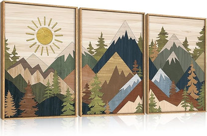 Large Abstract Mountain Woodcut Framed Canvas Wall Art,Neutral Pine Tree Wall Decor,Vintage Nature Forest Wall Painting,Rustic Artwork for Living Room,Bedroom,Dining Room,Farmhouse -24"x36"x3