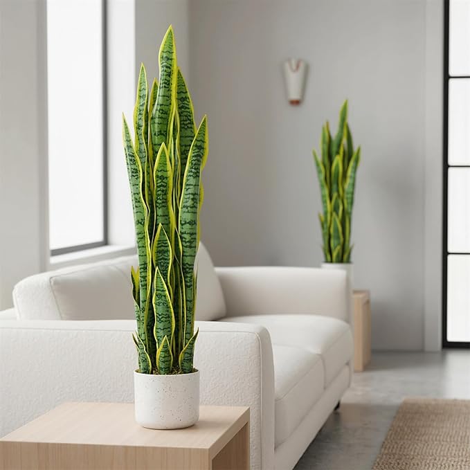 Realistic 3 ft Artificial Snake Plant in Stable Cement Pot – Large Fake Snake Plant with Soft, Flexible Leaves, No Maintenance Fake Plant Perfect for Living Rooms, Hallways, and Offices
