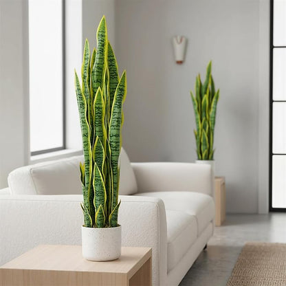 Realistic 3 ft Artificial Snake Plant in Stable Cement Pot – Large Fake Snake Plant with Soft, Flexible Leaves, No Maintenance Fake Plant Perfect for Living Rooms, Hallways, and Offices