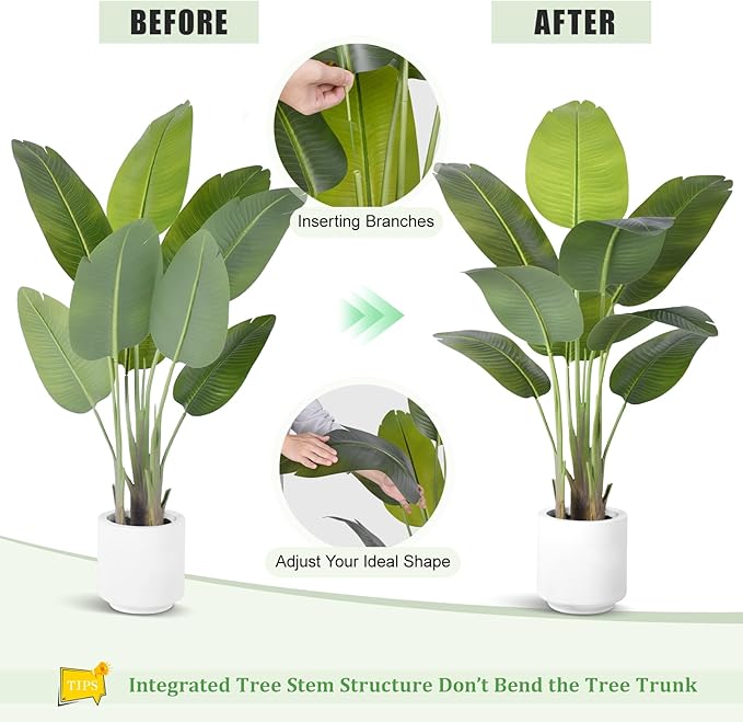 Artificial Bird of Paradise Plant 4Ft Tall Fake Tropical Palm Tree Large Fake Plants with 9 Silk Banana Leaves Faux Plant Indoor Decor Trees with White Pot for Home Bedroom Living Room Office