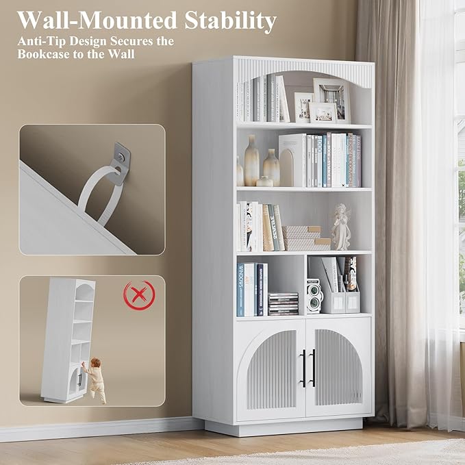 70" Tall Bookshelf with Door, White Bookshelf, 5 Tier Bookcase with Cabinet & Adjustable Shelves, 15.5" Deep Storage Shelf, Mid-Century Wood Standing Bookshelves and Bookcase for Home Office Kitchen