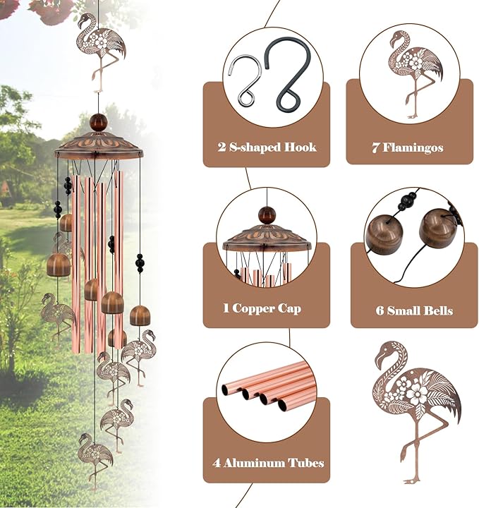 Flamingo Wind Chimes for Outside, Metal Flamingo Gifts for Women/Mom, Birthday Memorial Windchimes Outdoors, Retro Garden Decor for Outside Patio Yard, Unique Bird Lover Decorations