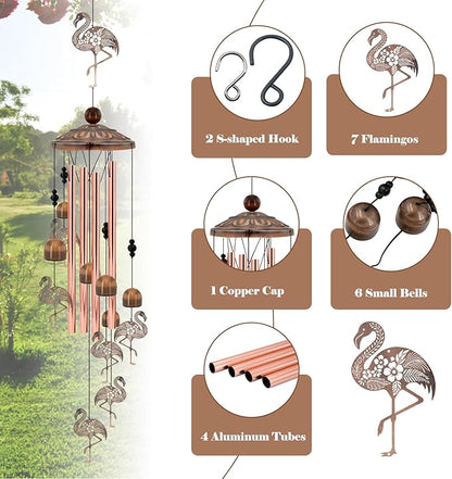 Flamingo Wind Chimes for Outside, Metal Flamingo Gifts for Women/Mom, Birthday Memorial Windchimes Outdoors, Retro Garden Decor for Outside Patio Yard, Unique Bird Lover Decorations