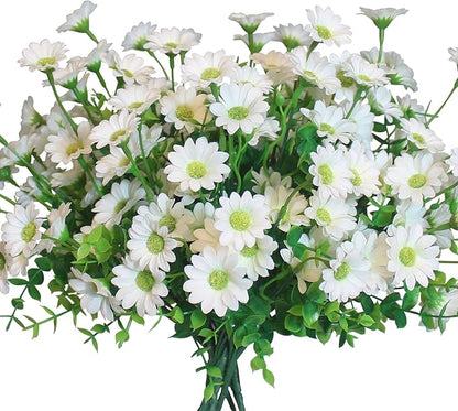 alyptus Fake Flowers for Outdoors 8 Bundles White Silk Artificial Sunflower Plants Faux Greenery for Wedding Home Garden Window Box Outdoor Planters Decor (White Fake mums)