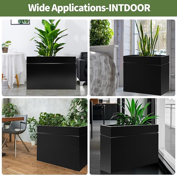 Metal Rectangular Planter Box, Powder Coating Steel Large Planters 35" L x 9" W x 26" H with Drainage Hole, Indoor Outdoor All-Weather Use for Home, Porch, Patio, Garden(Black)