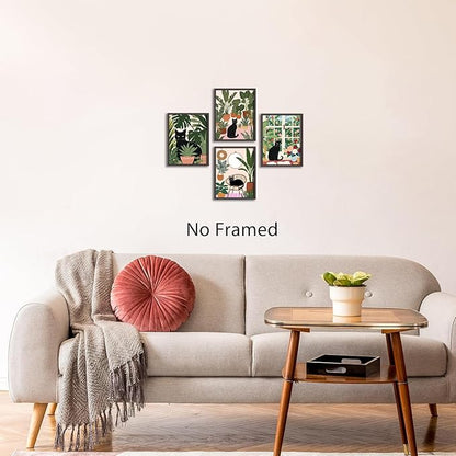 NIIORE Black Cat Botanical Wall Art, Modern Green Plant Decor, Tropical Boho Style Canvas Prints for Bedroom Bathroom Home Decor, Set of 4, 8x10 inches Unframed