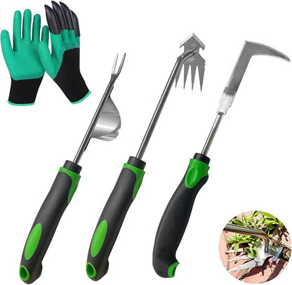 Stand Up Hand Weeding Tool Set, Heavy Duty Stainless Steel Weed Puller for Lawn & Garden with 4-Claw Digger, Crack Weeder and Ergonomic Rubber Handle Manual（3 Pcs）