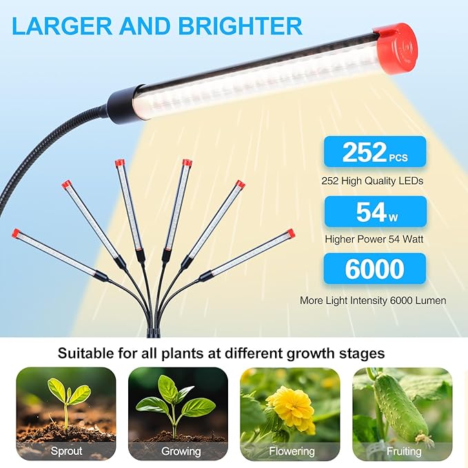 6-Head Grow Light with Stand and Timer, 54 Watt Power Home Plug LED Grow Lights for Indoor Plants for Tall Houseplants, Bonsai Tree, Seed Starting, 24"-64" Adjustable Height