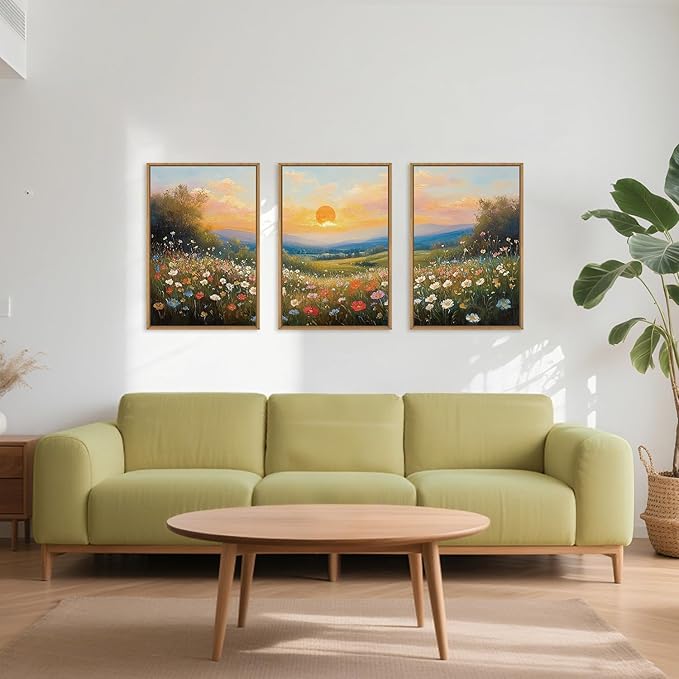 HOURIA Watercolor Sunset Floral Meadow Landscape Framed Canvas Wall Art Set,Boho Vibrant Colorful Wildflower Decor,Modern Nature Inspired Scenery Artwork for Living Room,Bedroom,Farmhouse-16 x24 x3