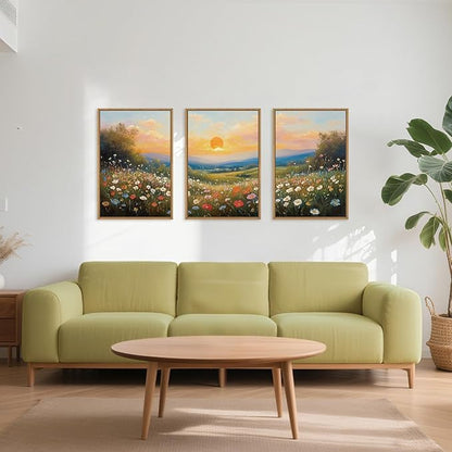 HOURIA Watercolor Sunset Floral Meadow Landscape Framed Canvas Wall Art Set,Boho Vibrant Colorful Wildflower Decor,Modern Nature Inspired Scenery Artwork for Living Room,Bedroom,Farmhouse-16 x24 x3