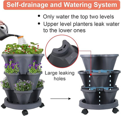GameXcel Vertical Planter 3 Tier Stackable Planters Garden Planters Strawberry Herb Flower and Vegetable Planter Indoor Outdoor Gardening Pots with Removable Wheels and Tools