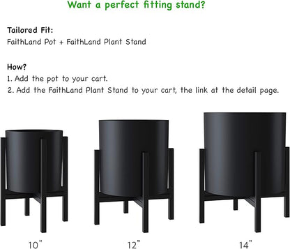FaithLand Plant Pot 10 inch - Perfectly Fits Mid-Century Modern Plant Stand - Drainage Plug and Drainage Mesh Screen - Matte Black Planter