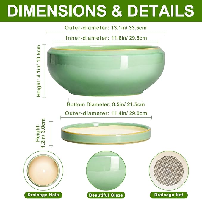 Large Bonsai Pots - 13 Inch Ceramic Succulent Pots for Indoor Outdoor, Ceramic Planter with Drainage Hole and Saucer, Shallow Round Planter, Garden Decor, Gifts for Women Men, Light Green