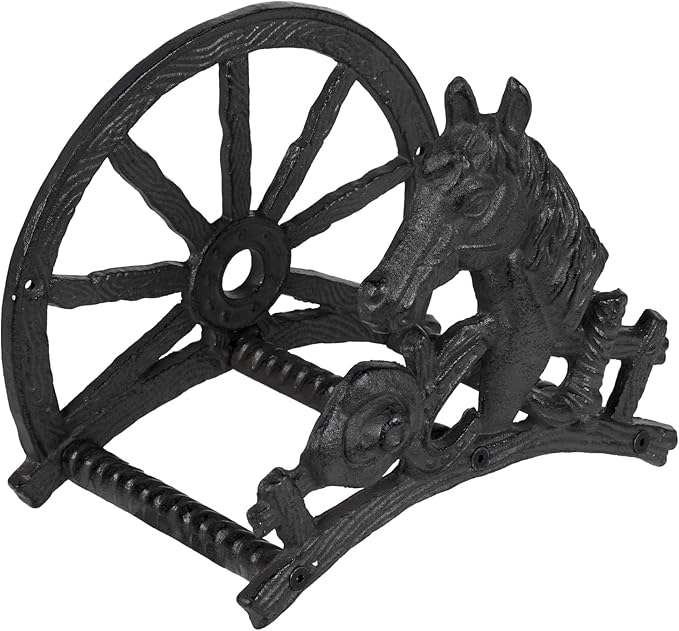 MyGift Heavy Duty Hose Holder, Cast Iron Outdoor Garden Hose Hanger Wall Mounted Water Hose Holder Reel with Vintage Scrollwork Design (Horse and Wagon)