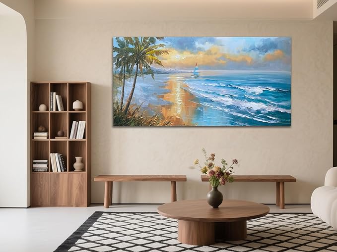 Enartly 3D Textured Seascape Wall Art for Living Room, Ocean Nature Coconut Tree Landscape Canvas Painting Artwork Framed Bedroom Bathroom Hallway Home Office Wall Decor, 40"x20"