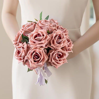 Fake Roses Faux Flowers Silk Roses 16.5in Artificial Roses with Stems Realistic Artificial Flowers Suitable for Indoor Home Decor DIY Bouquet Wedding Decor Party Decor (Pink Purple,12PCS)