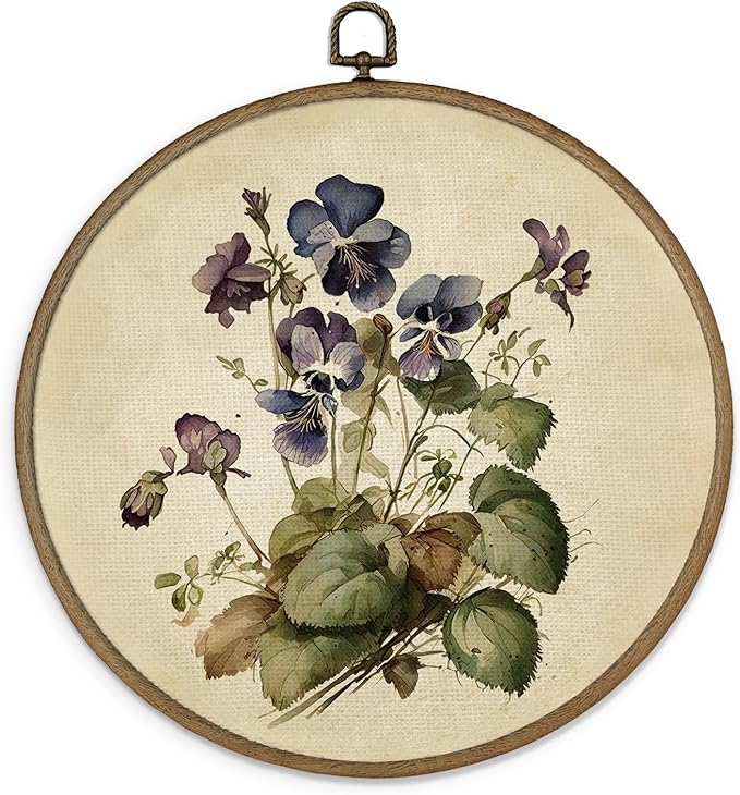 MAQIKA Vintage Purple Flower Framed Wall Art Decor, Floral Wall Decor, Wildflower Round Wall Hanging Decor, Retro Botanical Canvas Prints Wall Art for Bedroom Living Room, 10x10 Inch