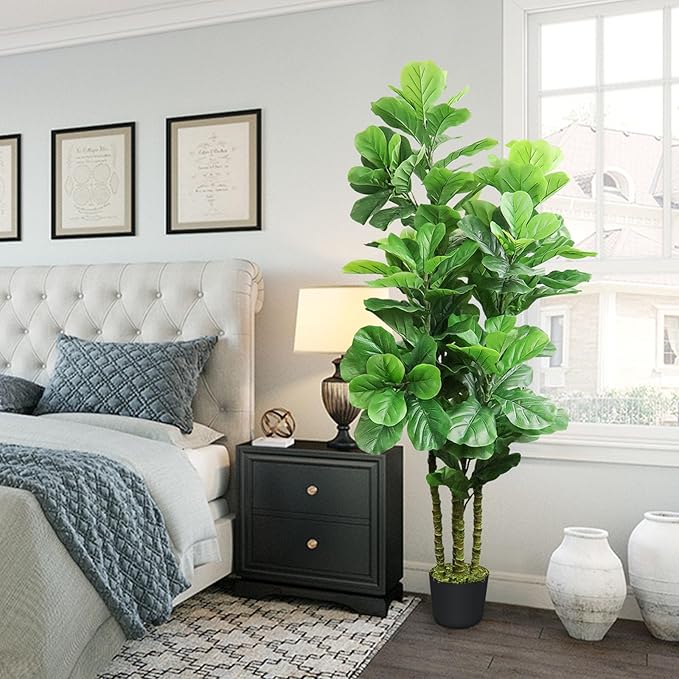 ROOMTEC Artificial Fiddle Leaf Fig Tree,6 FT Tall Artificial Tree with Woven Seagrass Plant Basket Fake Floor Plant in Pot for Home Decor Living Room Indoor Outdoor Office Bedroom Decor