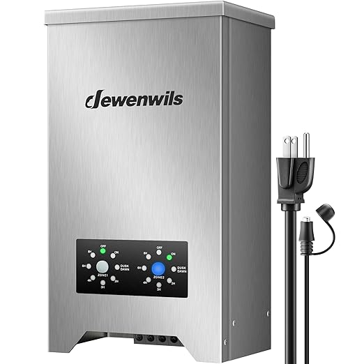 DEWENWILS 300W Low Voltage Landscape Transformer 2-Zone, Stainless Steel Landscape Lighting Transformer with Photocell Sensor & Countdown Timer, 120V AC to 12V/15V AC, Weatherproof for Outdoor Lights
