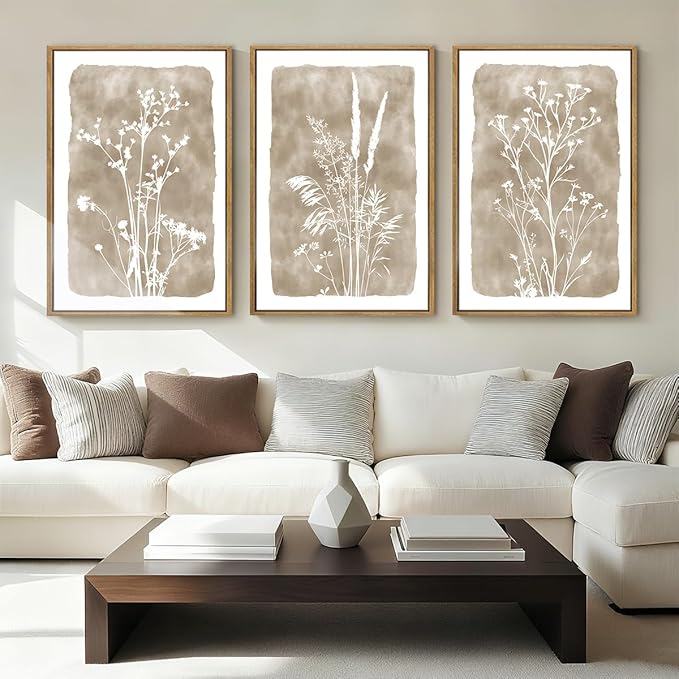 ANHUIB Beige Artwork 16x24 Inch Framed Beige Floral Wall Art Large Neutral Wildflower Wall Decor Vintage Plant Art Prints Set of 3 for Living Room Bedroom Office
