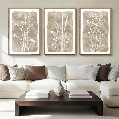 ANHUIB Beige Artwork 16x24 Inch Framed Beige Floral Wall Art Large Neutral Wildflower Wall Decor Vintage Plant Art Prints Set of 3 for Living Room Bedroom Office