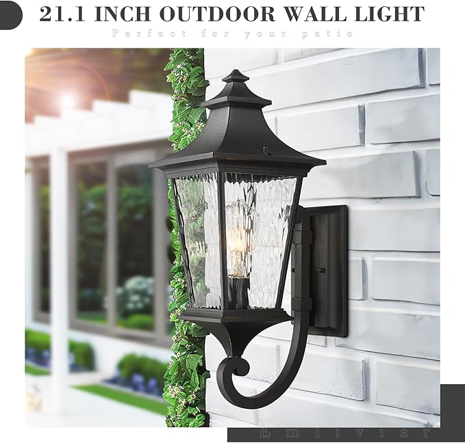 Emliviar 21.1 Inch Farmhouse Outdoor Wall Sconce,1 Light Exterior Wall Lighting in Black Finish Frame, Water Ripple Glass Shade, XE292UB-M SW BK
