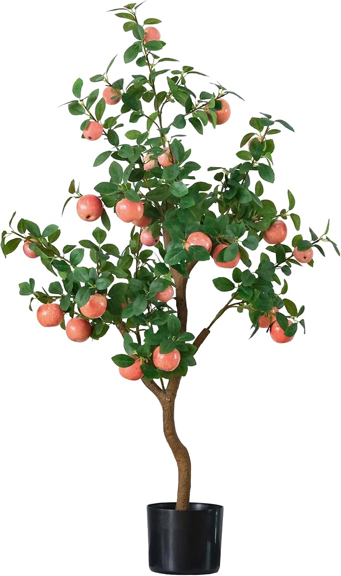Artificial Apple Tree, 43 Inch Tall Decorative Fruit Plant with Realistic Green Leaves, UV Resistant Indoor Home Decor with Black Pot, No Trimming Required (Pink Apple)