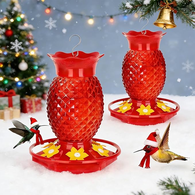 Glass Hummingbird Feeders for Outdoors Hanging Ant and Bee Proof 16OZ 2 Pack Red Pineapple Humming Bird Feeder with 6 Feeding Ports and Ant Moat Hummingbird Gifts for Women Garden Decor