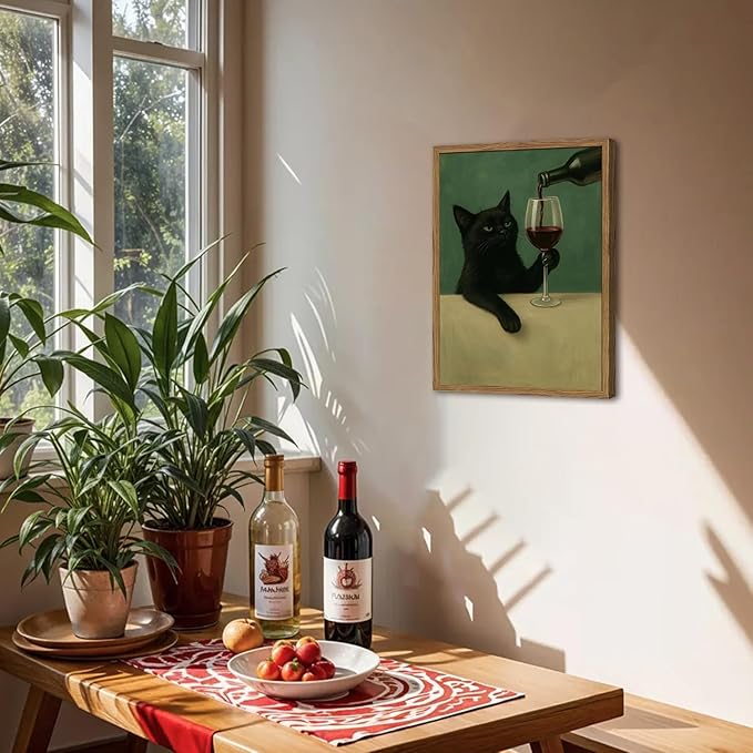 Funny Black Cat Wall Art Moody Black Cat with Wine Glass Wall Decor Whimsical Animal Bar Cart Poster Canvas Prints for Living Room Bedroom 16x24 inch Wood Framed