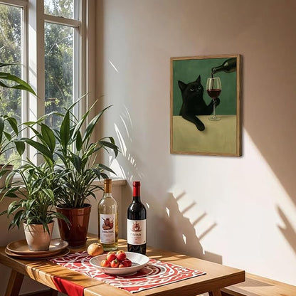 Funny Black Cat Wall Art Moody Black Cat with Wine Glass Wall Decor Whimsical Animal Bar Cart Poster Canvas Prints for Living Room Bedroom 12x16 inch Wood Framed