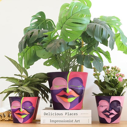 GUGUGO 8 Inch Planter Abstract Rainbow Face Pots for Plants, Unique Head Planters Pots with Drainage, Cute Eclectic Flower Pot for Garden, Colorful Funny Room Decor (Mainly Green)