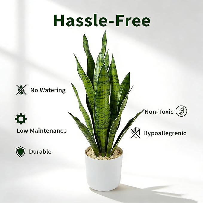Fake Snake Plant, 27in Fake Plant with White Pot Realistic Leaves, Low Maintenance Artificial Potted Plants for Indoor Decor, No Watering Needed, Perfect for Home, Office & Pet Areas