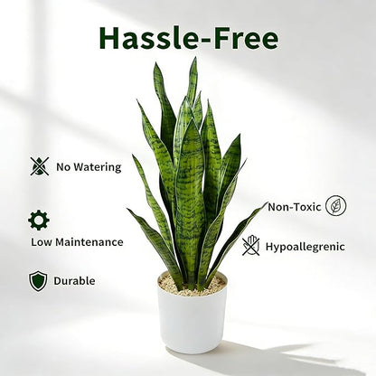 Fake Snake Plant, 27in Fake Plant with White Pot Realistic Leaves, Low Maintenance Artificial Potted Plants for Indoor Decor, No Watering Needed, Perfect for Home, Office & Pet Areas
