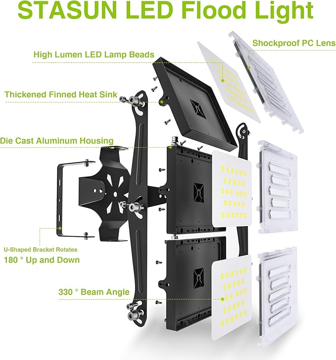 2 Pack LED Flood Lights Outdoor, STASUN 300W 30000lm 6000K Daylight White IP66 Waterproof, Commercial Parking Lot Lights, 3 Heads for Yard Street Stadium Outdoor Area Floodlight Bright Security Lights