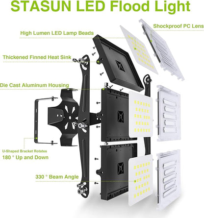 2 Pack LED Flood Lights Outdoor, STASUN 300W 30000lm 6000K Daylight White IP66 Waterproof, Commercial Parking Lot Lights, 3 Heads for Yard Street Stadium Outdoor Area Floodlight Bright Security Lights