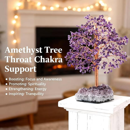 Gemstone Crystal Tree of Life - Natural Amethyst Geode Cluster Base, Chakra Healing Crystals, Positive Energy Bonsai Money Feng Shui Home Decor for Good Luck Gift, 10"-12"
