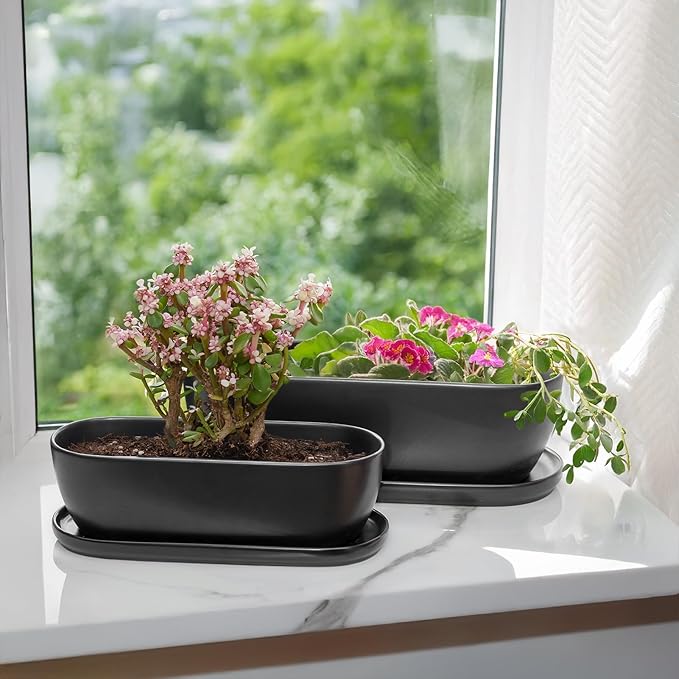 E-liu Ceramic Plant Pots, 11+14 inch, Set of 2, Planters with Drainage Holes Saucers and Mesh Pads, Indoor Flower Succulent Pot with Hole Mesh Pad, Gifts for Mom, Plants Not Included, Black