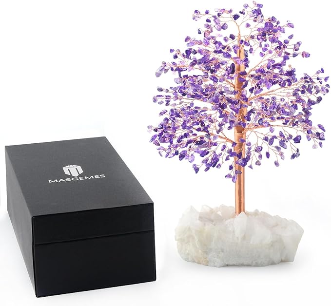 Natural Amethyst Gemstone Crystal Tree of Life, Clear Quartz Base, Chakra Money Bonsai Feng Shui, Positive Energy Healing Crystals Home Decor, Spiritual Gifts Size 10-11