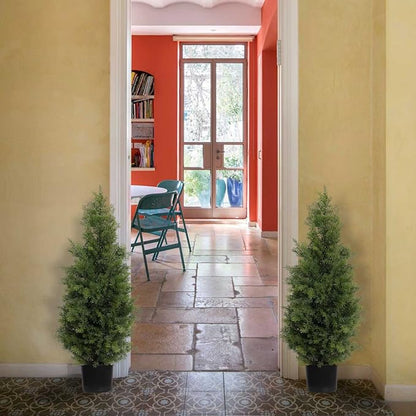 Aveyas 3ft Artificial Cedar Topiary Trees for Outdoor Front Porch Door, 3 Feet Faux Potted Plants Evergreen Fake Pine Cypress Tree for Outside Home Decor (3 ft Tall) - Set of 2 Pack