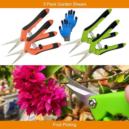 5 Pack Pruning Shears, Garden Shears with Gardening gloves, Garden Clippers Handheld, Straight Stainless Steel Garden Snips, Gardening Shears, Garden Scissors, Lengnoyp Pruners for Gardening