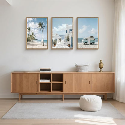 Large Summer Coastal Framed Canvas Wall Art Set,Modern Beach Surfboard Wall Decor,Seaside Palm Tree Art Prints,Vintage Blue Van Artwork for Living Room,Bedroom,Office -16"x24"x3