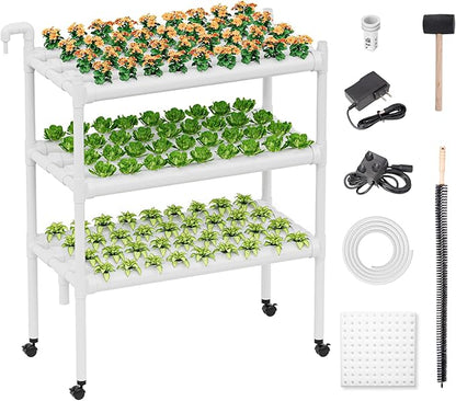 SPECILITE Hydroponics Growing System with Wheels, 3-Tier 108 Plant Sites Food-Grade PVC-U Pipes Gardening kit for Leafy Vegetables, Lettuce, Herbs, Water Pump, Indoor, Outdoor