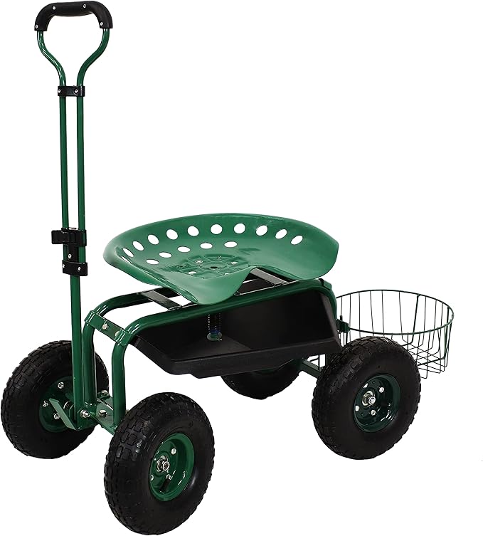 Sunnydaze Garden Cart with Wheels - Garden Stool on Wheels - Rolling Gardening Seat with Extendable Handle - Swivel Seat - Green