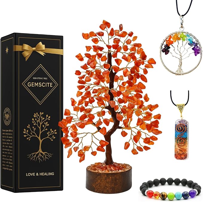 GEMSCITE Carnelian Crystal Tree with Golden Wire – Natural Healing Gemstone Bonsai for Home Decor & Positive Energy