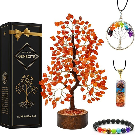 GEMSCITE Carnelian Crystal Tree with Golden Wire – Natural Healing Gemstone Bonsai for Home Decor & Positive Energy