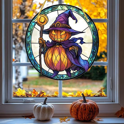 Acrylic Window Hanging Pumpkin Wizard Stained Panel Window Decoration for Halloween Decorations Outdoor Indoor Garden Yard Home Halloween Decor 12 Inch