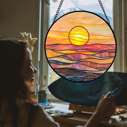 Stained Glass Window Hanging, Orange Sunrise Suncatcher Diamond Glass Panel Hangings Scenery Sun Catchers Decor for Birthday for Women, Men, Wife, Aunt, and Mom 6.3x6.3 in