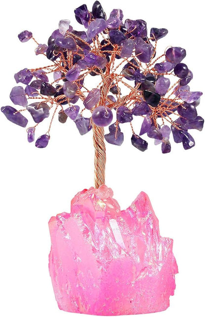 mookaitedecor Amethyst Crystal Tree, Quartz Cluster Fuchsia Titanium Crystals Base Bonsai Money Tree for Wealth and Luck