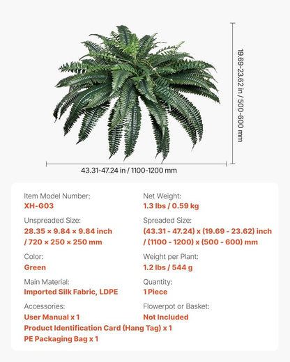 VEVOR Artificial Ferns 1Pcs, 47 Inch Artificial Boston Ferns Plants, Faux Fern with 88 Branches, Artificial Plants Large for Outdoors/Indoor Home, Office,Garden (Flowerpot Unincluded)